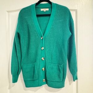 LOFT Green Ribbed Button‑Front Cardigan – Size M – 100% Cotton